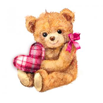 Teddy bear with heart isolated on white background. Hand drawn Teddy bear toy sitting with heart. Valentine's Day card with cute Bear and textile heart. Love design. Love background.