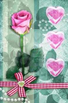 Beautiful pink rose on stem with leaf isolated on green background. Single rose Valentine's Day card. Pink roses with pink hearts. Can be used as valentine card, invitation card for wedding.