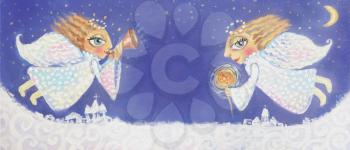 Illustration of cute little christmas angels with sparkler and trumpet. Hand painted Christmas picture. Design template with place for your text.