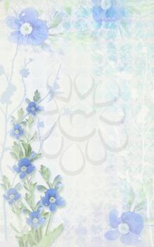 Tender light background composition with delicate blue flower. Grunge background. Postcard floral template.