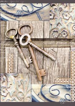 Vintage keys on old wooden background. . Three old, rustic keys on the table. Print for writing pad.Collage in vintage style