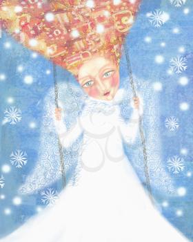 Angel in white clothes with foxy hair swinging in the blue sky with snowflakes. Can be used for printing on various products, such as tableware, packaging, calendars, boxes, gifts, albums etc.