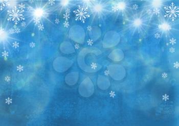 Beautiful festive abstract grunge background with snowflakes and shining stars. Snow Christmas magic lights background for Your design.