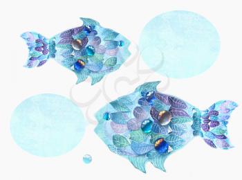 Art blue fishes with scales as an leaves. Hand drawn illustration. Floral fishes with speech bubbles. Creative design. Composition with cute abstract fishes ornamented with leaves.