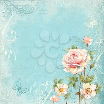 Card with rose flower on a light turquoise background. Template of an invitation, wedding, birthday, anniversary or similar event, cover page, flyer, poster, banner, business card design with rose.