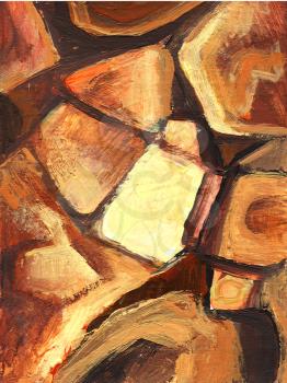 Art abstract painted background with orange and brown geometrical shapes. Image for the interior, as part of wall decorations. Stones pattern. Hand draw acrylic painting composition.