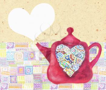 Kitchen love. Doodle card with red teapot and hearts with place for text. Cute teapot with abstract multicolored heart on a paper and tiled background. Time for tea or coffee. Valentine kettle.