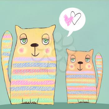 Happy colorful valentines cats. Cute couple of cats. Two cat in love. Valentines card. Love background. I love you. Meeting invitation.