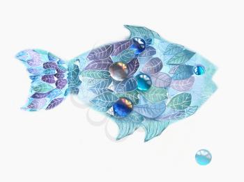 Art blue fish with scales as an leaves. Hand drawn illustration isolated on white background. Floral fish creative design. Composition with cute abstract fish ornamented with leaves.
