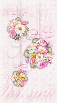 Colorful bouquets of various flowers isolated on a tender shabby chic gradient background with text for you. Can be used as greeting card, invitation for wedding, birthday and other holiday happening.