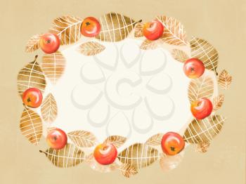 Illustration of a wreath-frame made of leaves, red ripe juicy apples. Hand drawngreeting image for your design.