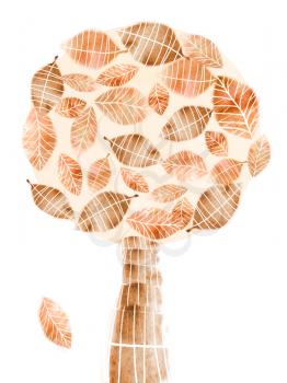 Autumn abstract tree with falling leaf isolated on white background. Art illustration for you design. Topiary tree.