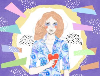 Young pretty woman holding red heart in her hands. Concept design of a female character with a red heart in his hands. Hand drawn illustration. Declaration of love. For banner, card, website, poster.