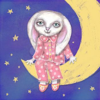 Good night bunny on the moon card. Dreams come true. Cute hand drawn beautiful card with bunny, which sitting in pajamas and slippers on crescent. Can be used as a interior decor in a children's room.