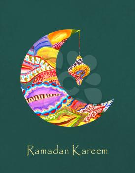 Greeting card of holy Muslim month Ramadan. Ornate crescent Moon with arabic lamp or lantern and stylish text on blue background, used as flyer, banner or poster design for Muslim community festival.