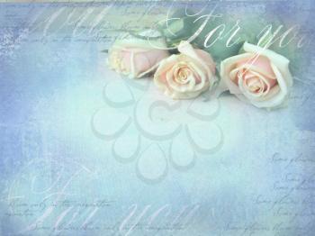 Romantic retro grunge background with roses. Sweet roses in vintage color style with free space for text.