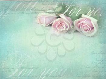 Romantic retro grunge background with roses. Sweet roses in vintage color style with free space for text.