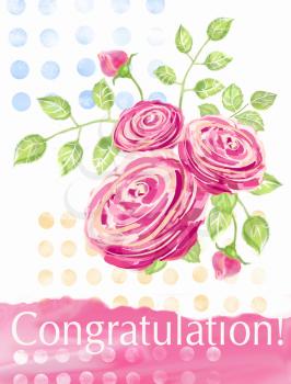 Congratulation card with bouquet of roses and polka dots pattern. Can be used as greeting card, invitation card, birthday and other holiday.