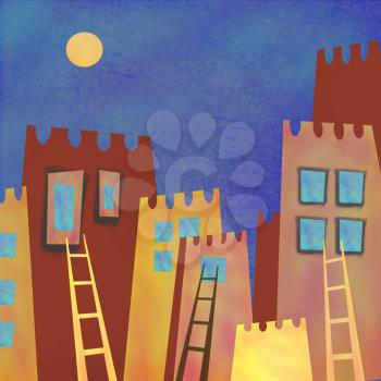 Colorful abstract skyscrapers city at night. Interior decor. Hand-drawn night abstract architecture with moon on the sky. Ladder to the window of night houses. Run away from home.