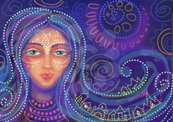 . Beautiful acrylic painting on canvas of a mysterious woman in blue clothes, surrounded by abstract flowers, in the light of the star on a night background. Hand drawn portrait.
