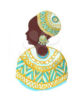 African young woman in ethnic headdress, earrings and cloth with bright colored tribal pattern, isolated on white background. Suitable for social media, print, web, invitation, poster, t-shirt, card, your design.