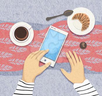 An illustration of the place of gadgets in modern society. Cellphone with coffee and croissant. Blog concept. Digital generation. Internet addiction.