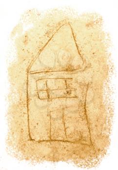 Drawing on sea sand. House drawn on wet sand. A beach house.