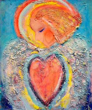 Beautiful acrylic painting on canvas of a mysterious angel in red heart surrounded by abstract wing. Hand drawn portrait.