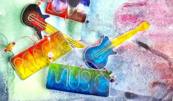 Electric glass guitar. Stained glass abstract composition. Colorful background with decorative musical instruments and words peace, love, music.