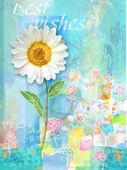 Postcard with chamomile. Congratulations card with beautiful spring flower. Can be used as greeting card, invitation for wedding, birthday and other holiday happening.
