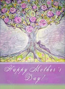 Happy mothers day hand drawn greeting card. Tree of Life acrylic painting. Spring painting.
