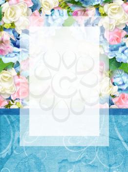 Beautiful postcard template with hydrangea and rose flower with place for text. Can also be used as a brochure, flyer, invitation and birthday card. Layout design template. Leaflet cover presentation.