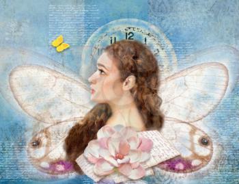 Portrait of young beautiful woman with butterfly, clock, wings and flower. Surreal fantasy collage. Meditation spirituality concept.