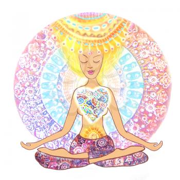 Yoga lotus pose. Padmasana. Woman practicing yoga. Hand drawn woman sitting in yoga lotus pose on mandala background. For yoga studio or fitness club. Image for your design.