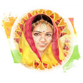 Illustration of beautiful Indian young woman in colorful sari for your design. Traditional fashion. Image in the national tricolor for Indian Independence Day celebration.
