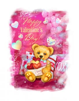 Happy Valentines Day card. Love heart. Cute Teddy bear.