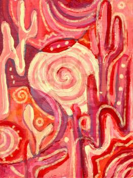 Coral abstract acrylic painting. Mexican landscape with cactus plants, hot air and tumbleweed in desert sunset. 