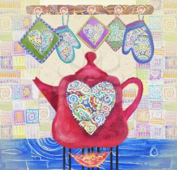 Kitchen love. Beautiful card with red teapot on the fire, hearts and potholders. Cute teapot with abstract multicolored heart on a vintage background. Time for tea or coffee. Valentine kettle.