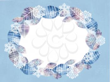 Winter background. Floral romantic frame made of hand drawn leaves and snowflakes. Invitation or greeting card. Foliage template with place for your text. 