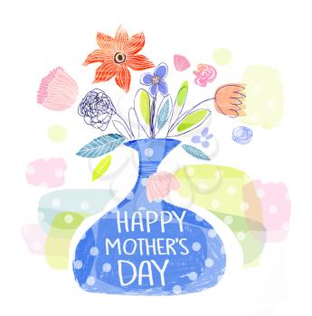 Illustration of flowers in blue vase.Cute greeting card for Happy Mother's Day.