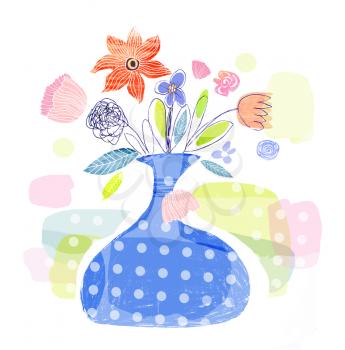 Illustration of flowers in blue vase. Cartoon drawing. Design elements
