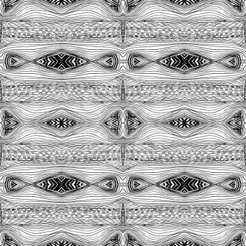 Seamless abstract black and white kaleidoscopic pattern. Wavy hand drawn endless geometric texture.