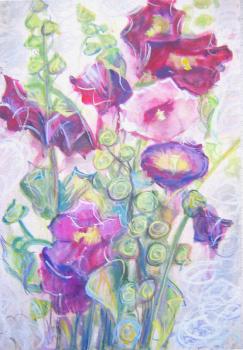 Violet mallow flowers. Watercolor hand painted illustration of violet mallow flowers on long stems. Interior decor. Still-life painting on a white background.