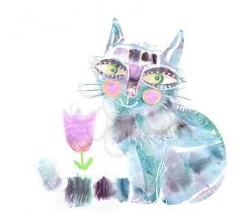 Watercolor spring cat. Illustration of cat and flower isolated on white background.