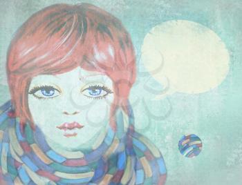 Portrait of beautiful girl with blue eyes, wearing a scarf on grunge background. Illustration of beauty teenage girl with speech bubble. Outdoors. Close-up. Cute face.