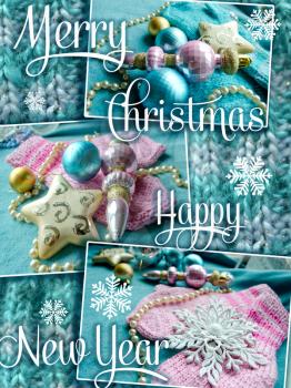 Merry Christmas and Happy New Year greeting card. Xmas holiday design.