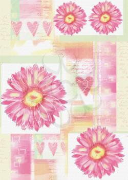Postcard with gerbera flowers and hearts. Congratulations card. Beautiful spring pink flower. Can be used for textile, for wallpaper, pattern fills, web page background. Love floral composition.