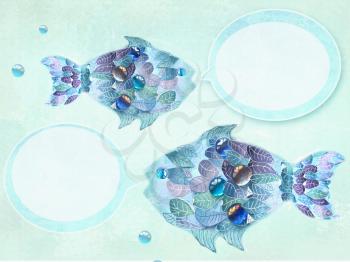 Art blue fishes with scales as an leaves. Hand drawn illustration. Floral fishes with speech bubbles. Creative design. Composition with cute abstract fishes ornamented with leaves.