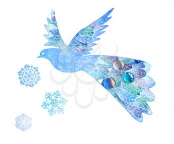 Abstract bird isolated on white background. Handmade style bird with leaves and snowflakes.