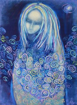 Awaiting birth. Beautiful acrylic painting on canvas of a mysterious woman in blue clothes, surrounded by abstract flowers, in the light of the star on a night background. Hand drawn portrait.